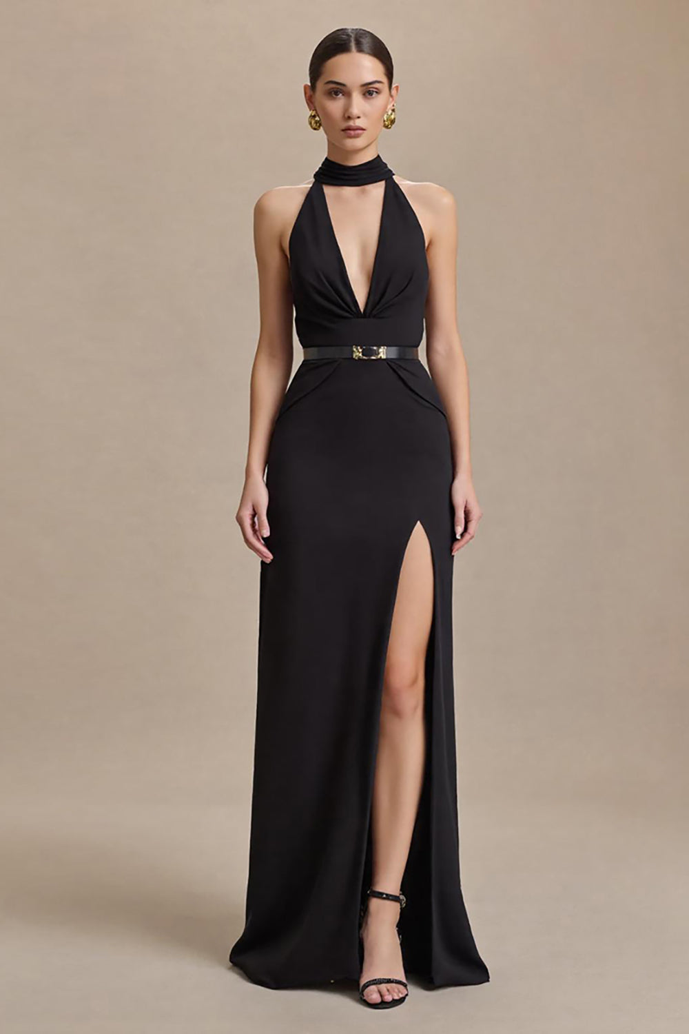 Black Halter Sheath Stain Maxi Formal Dress with Slit