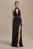 Black Halter Sheath Stain Maxi Formal Dress with Slit