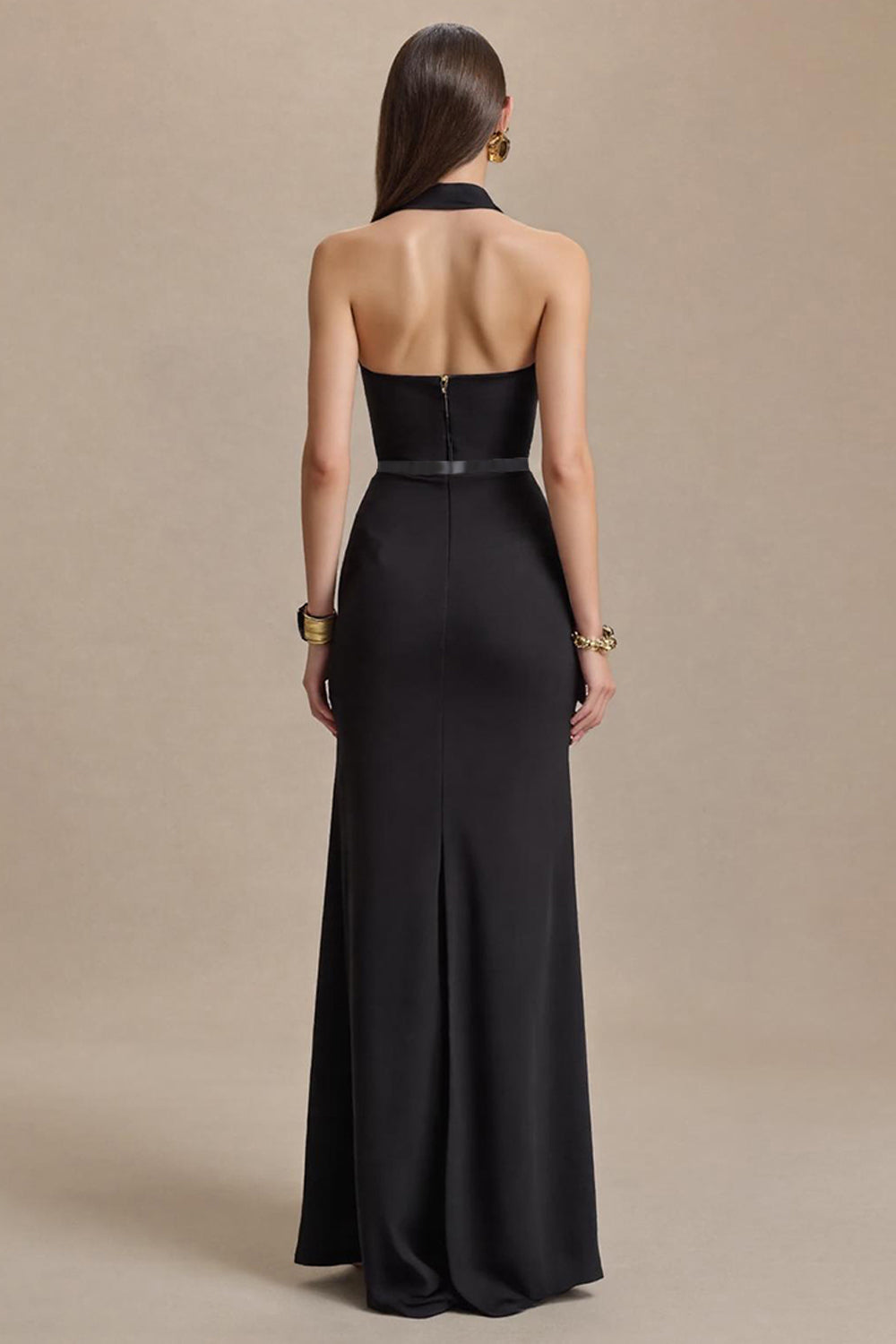Black Halter Sheath Stain Maxi Formal Dress with Slit
