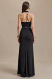 Black Halter Sheath Stain Maxi Formal Dress with Slit