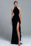 Black Halter Sheath Ruffled Maxi Holiday Party Dress with Slit