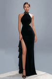 Sheath Halter Cut Out Maxi Ruffled Black Tie Dress with Slit