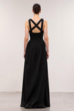 Black A Line Square Neck Maxi Criss Cross Back Evening Dress
