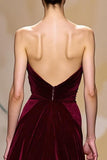 Maxi Dark Red Velvet Strapless Sheath Evening Dress with Cape