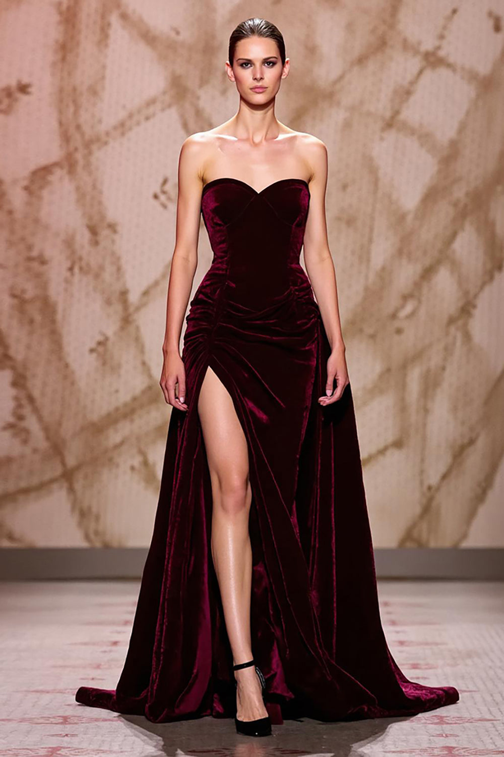 Sweetheart Dark Red Velvet Maxi Evening Dress with Slit