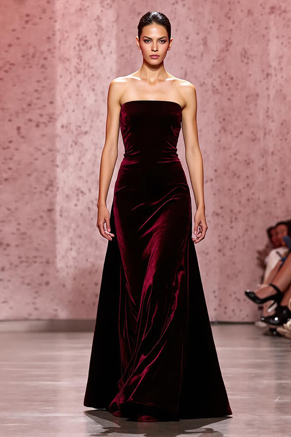 Dark Red Strapless Velvet Maxi Sheath Evening Dress