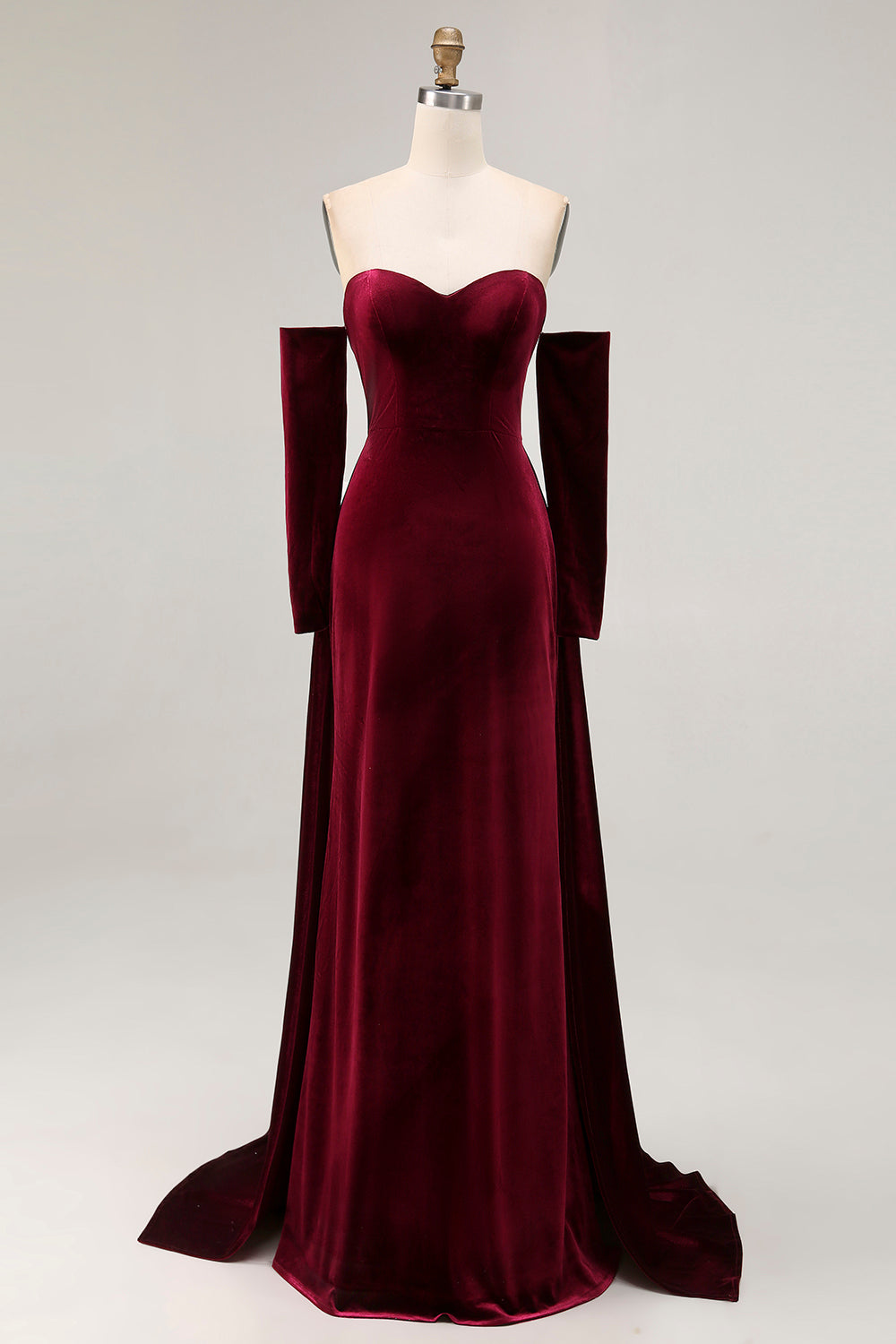 Dark Red Velvet Sweetheart Mermaid Maxi Evening Dress with Sleeves