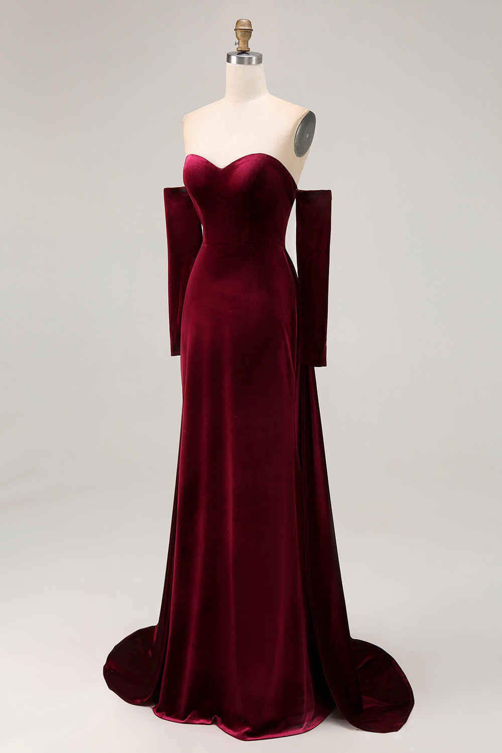 Dark Red Velvet Sweetheart Mermaid Maxi Evening Dress with Sleeves