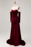 Dark Red Velvet Sweetheart Mermaid Maxi Evening Dress with Sleeves