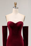 Dark Red Velvet Sweetheart Mermaid Maxi Evening Dress with Sleeves