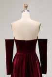Dark Red Velvet Sweetheart Mermaid Maxi Evening Dress with Sleeves