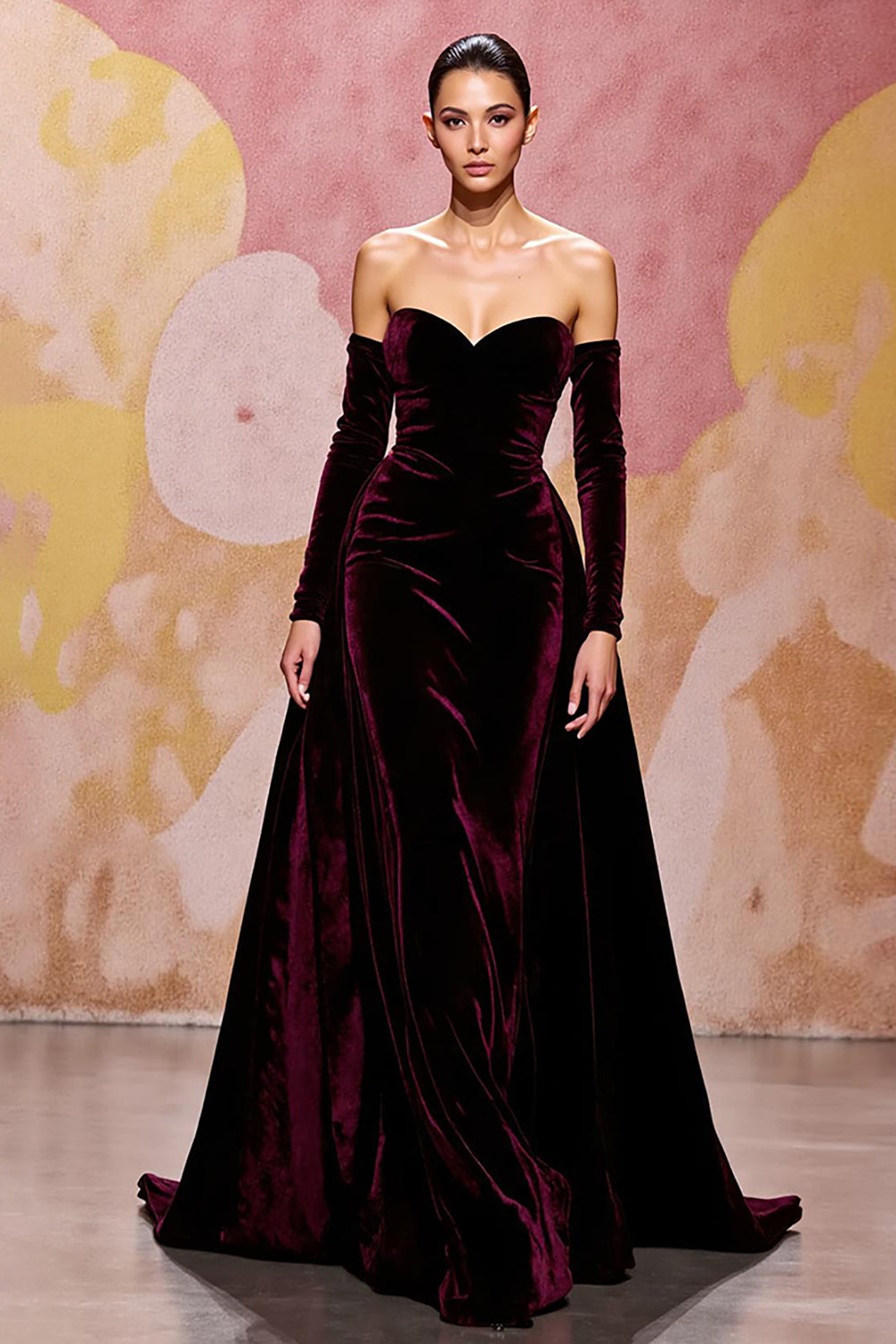 Dark Red Velvet Sweetheart Mermaid Maxi Evening Dress with Sleeves