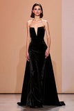 Black Velvet Maxi Mermaid Strapless Evening Dress with Cape