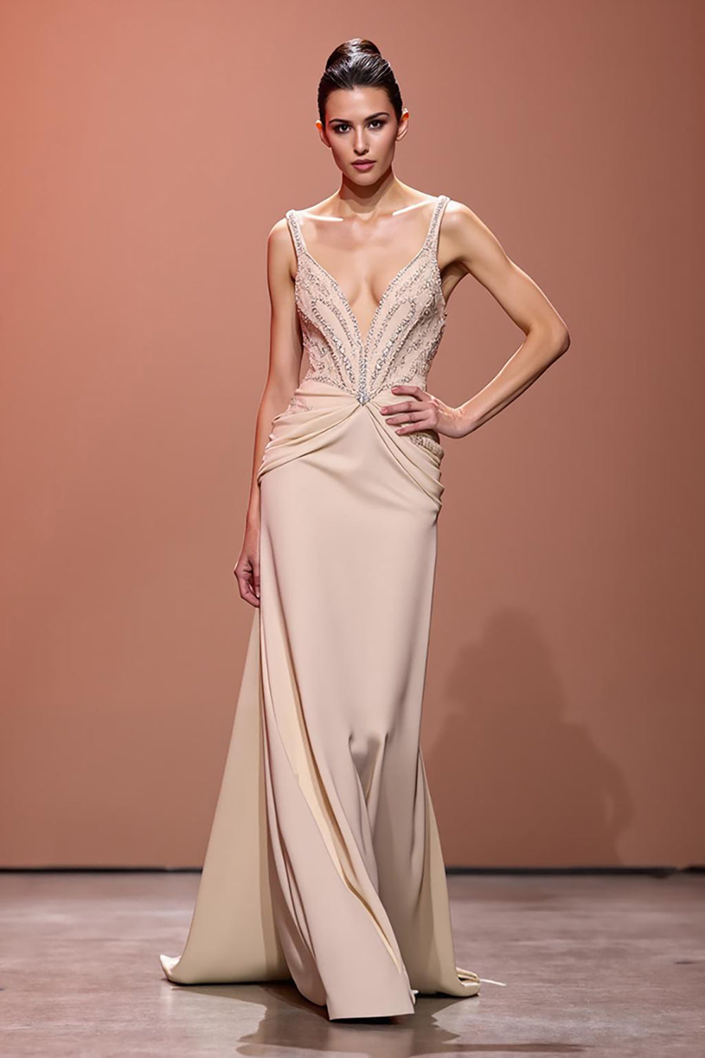 Sparkly Maxi Champagne Sheath Deep V-Neck Ruched Evening Dress