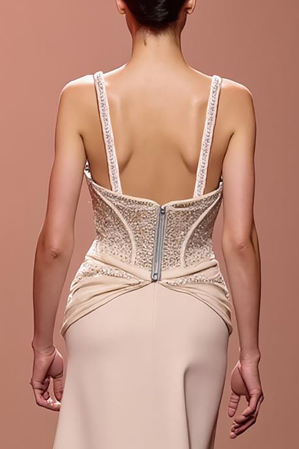 Sparkly Maxi Champagne Sheath Deep V-Neck Ruched Evening Dress