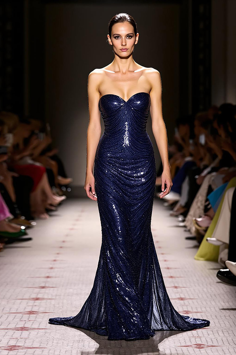 Sparkly Sequined Navy Sweetheart Mermaid Long Evening Dress