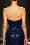 Sparkly Sequined Navy Sweetheart Mermaid Long Evening Dress