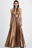 Gold Metallic Pleated Halter Maxi Evening Dress