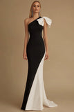 Black and White Satin Mermaid Maxi Evening Dress with Bow