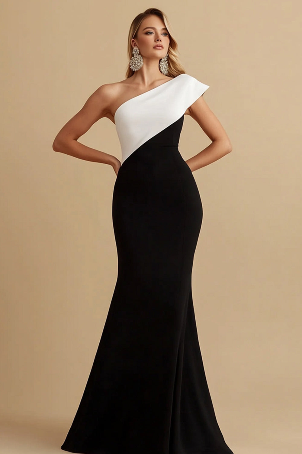 Black and White Satin One Shoulder Mermaid Maxi Evening Dress