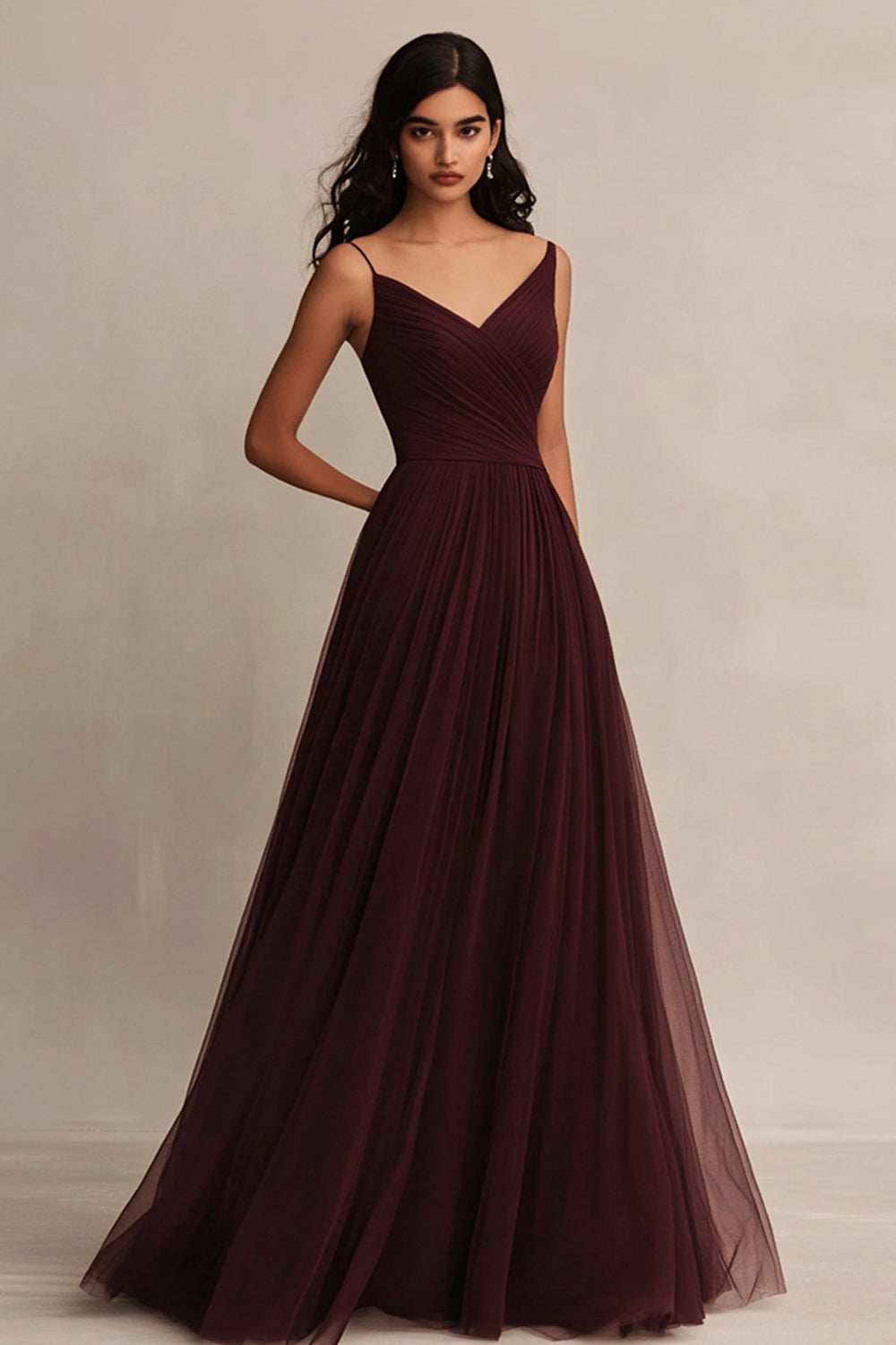 Burgundy A Line Tulle Spaghetti Straps Maxi Evening Dress
