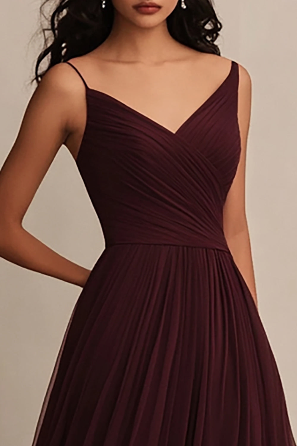 Burgundy A Line Tulle Spaghetti Straps Maxi Evening Dress