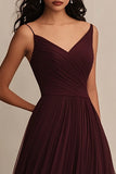 Burgundy A Line Tulle Spaghetti Straps Maxi Evening Dress