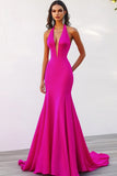 Fuchsia Halter Satin Maxi Mermaid Evening Dress