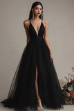 Black Spaghetti Straps Tulle A Line Maxi Evening Dress with Slit