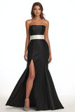 Black Satin Strapless Mermaid Maxi Evening Dress with Slit