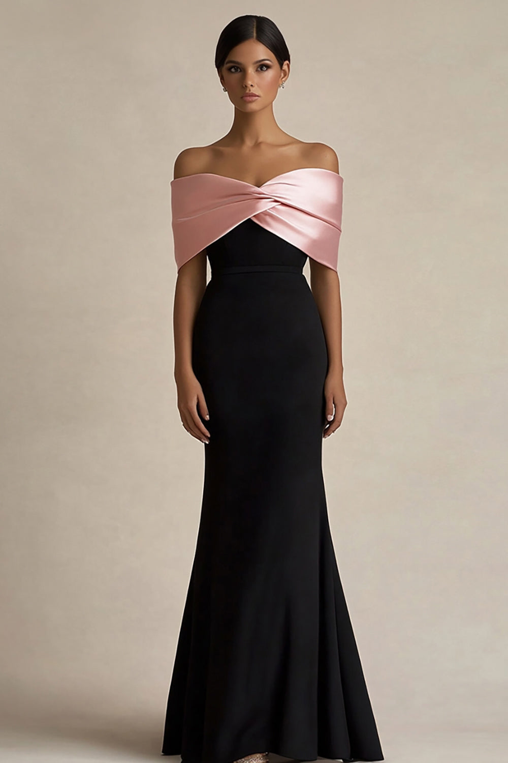 Black and Pink Off the Shoulder Mermaid Maxi Satin Evening Dress