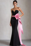 Black and Pink Satin Sheath Maxi Evening Dress with Bow
