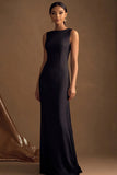 Simple Black Maxi Satin Sheath Evening Dress