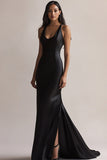 Black Satin Sheath Maxi Evening Dress with Slit