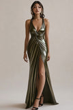 Olive Metallic Sheath Maxi Evening Dress with Slit