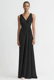 Black Satin A Line V-Neck Ruched Maxi Evening Dress