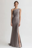 Grey Sheath One Shoulder Satin Maxi Evening Dress with Slit