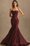 Burgundy Mermaid Satin Sweetheart Maxi Evening Dress