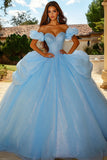 Sparkly Sky Blue Glitter Corset Ball Gown Princess Maxi Quinceanera Dress with Ruffles