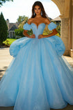Sparkly Sky Blue Tulle Ball Gown Princess Ruffled Quinceanera Dress with Rhinestone