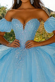 Sparkly Sky Blue Tulle Ball Gown Princess Ruffled Quinceanera Dress with Rhinestone