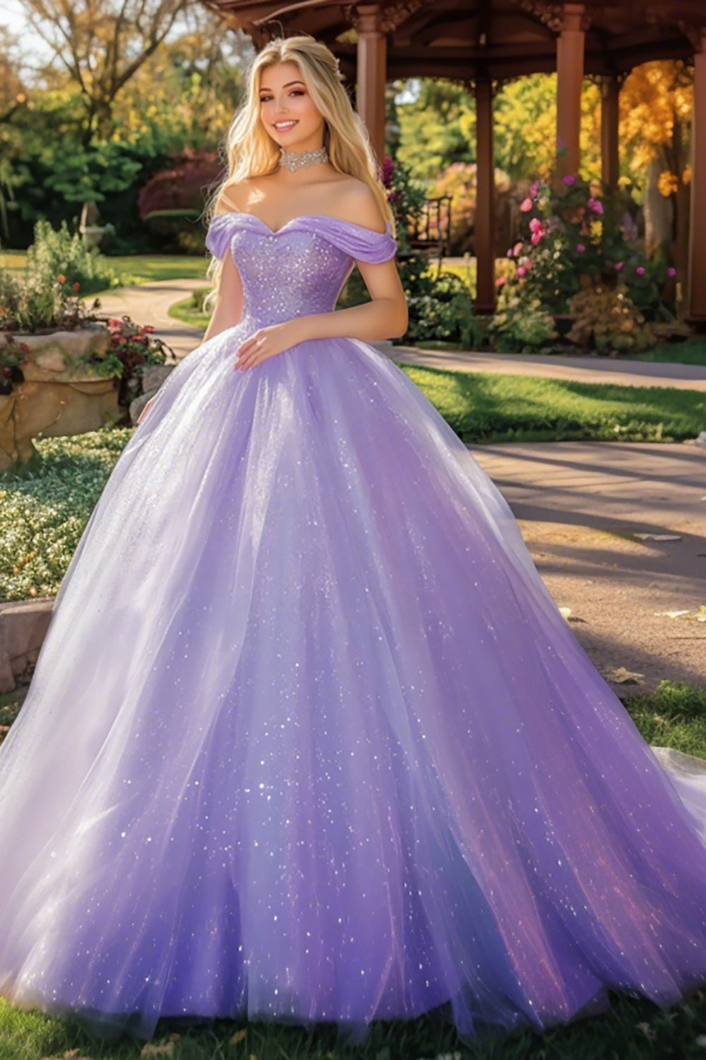 Sparkly Lilac Ball Gown Tulle Maxi Quinceanera Dress with Sequins