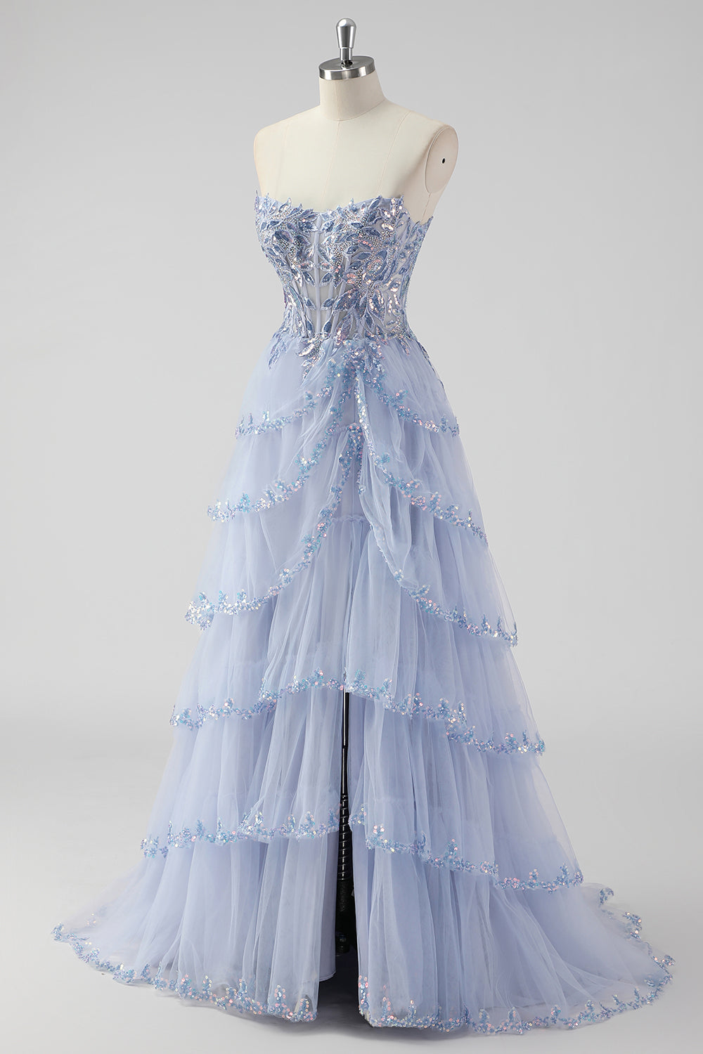 Sparkly Lavender Sequin Corset Tiered Maxi Prom Dress with Slit