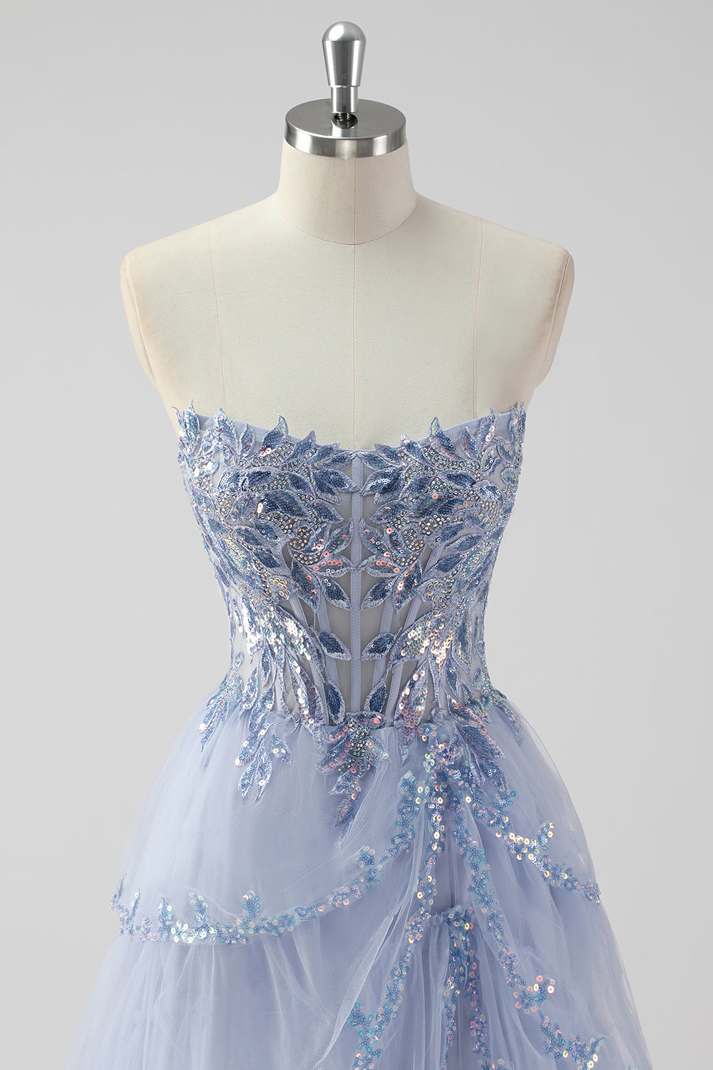 Sparkly Sage Green Sequins Corset Tiered Maxi Prom Dress with Slit