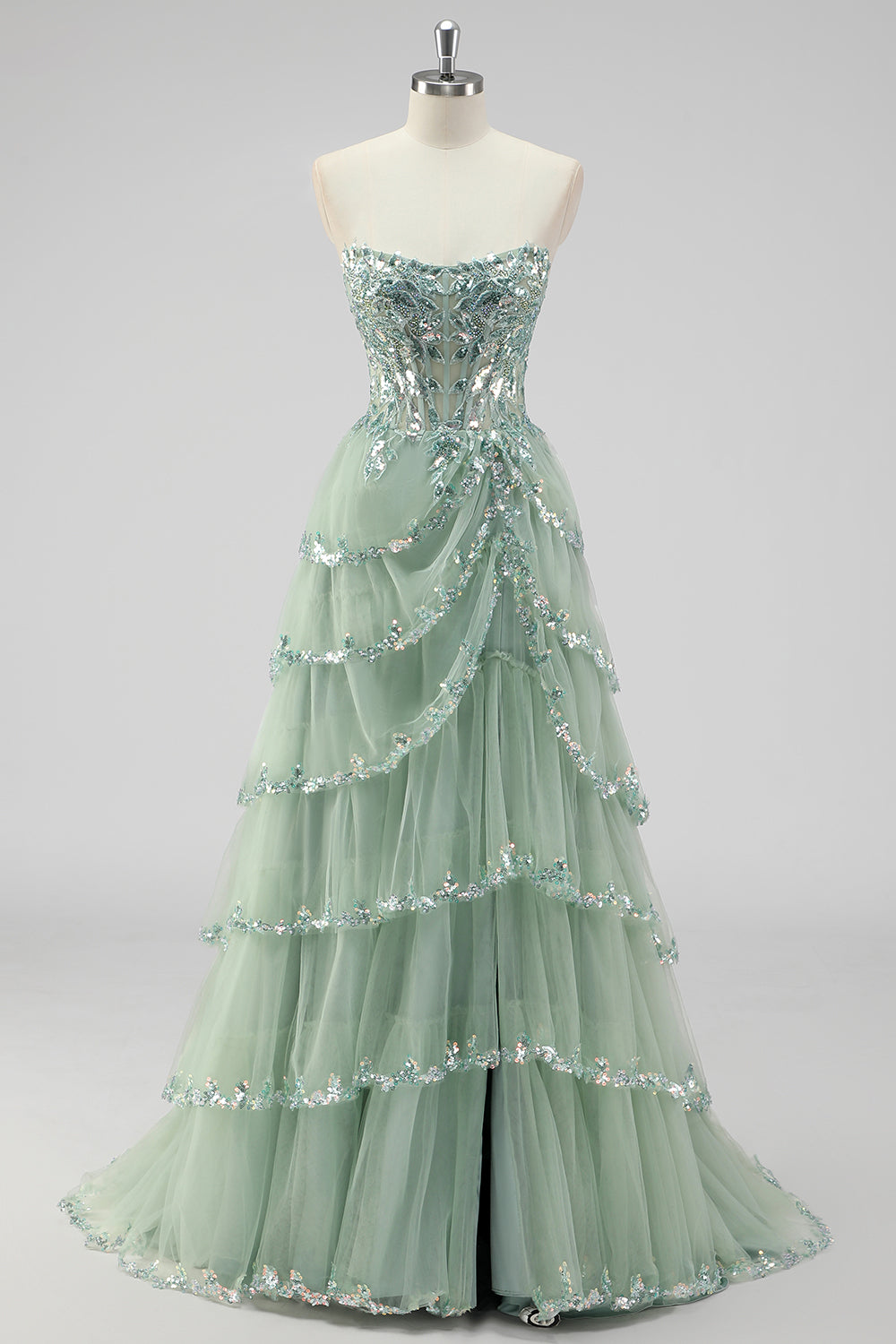 Sparkly Sage Green Sequins Corset Tiered Maxi Prom Dress with Slit