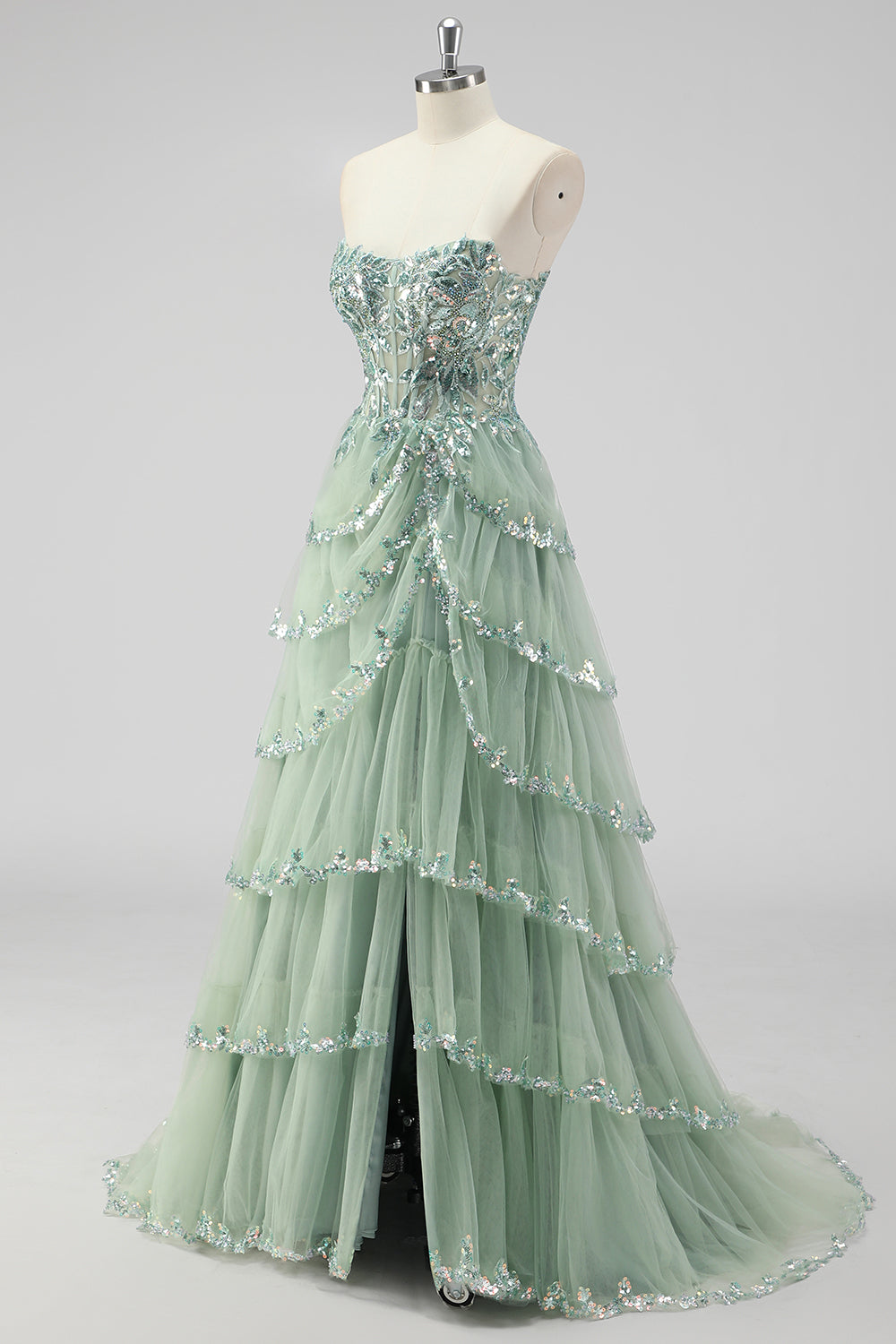 Sparkly Sage Green Sequins Corset Tiered Maxi Prom Dress with Slit