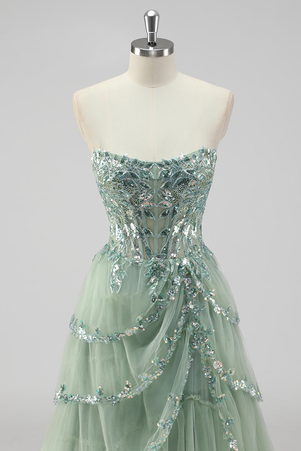 Sparkly Sage Green Sequins Corset Tiered Maxi Prom Dress with Slit