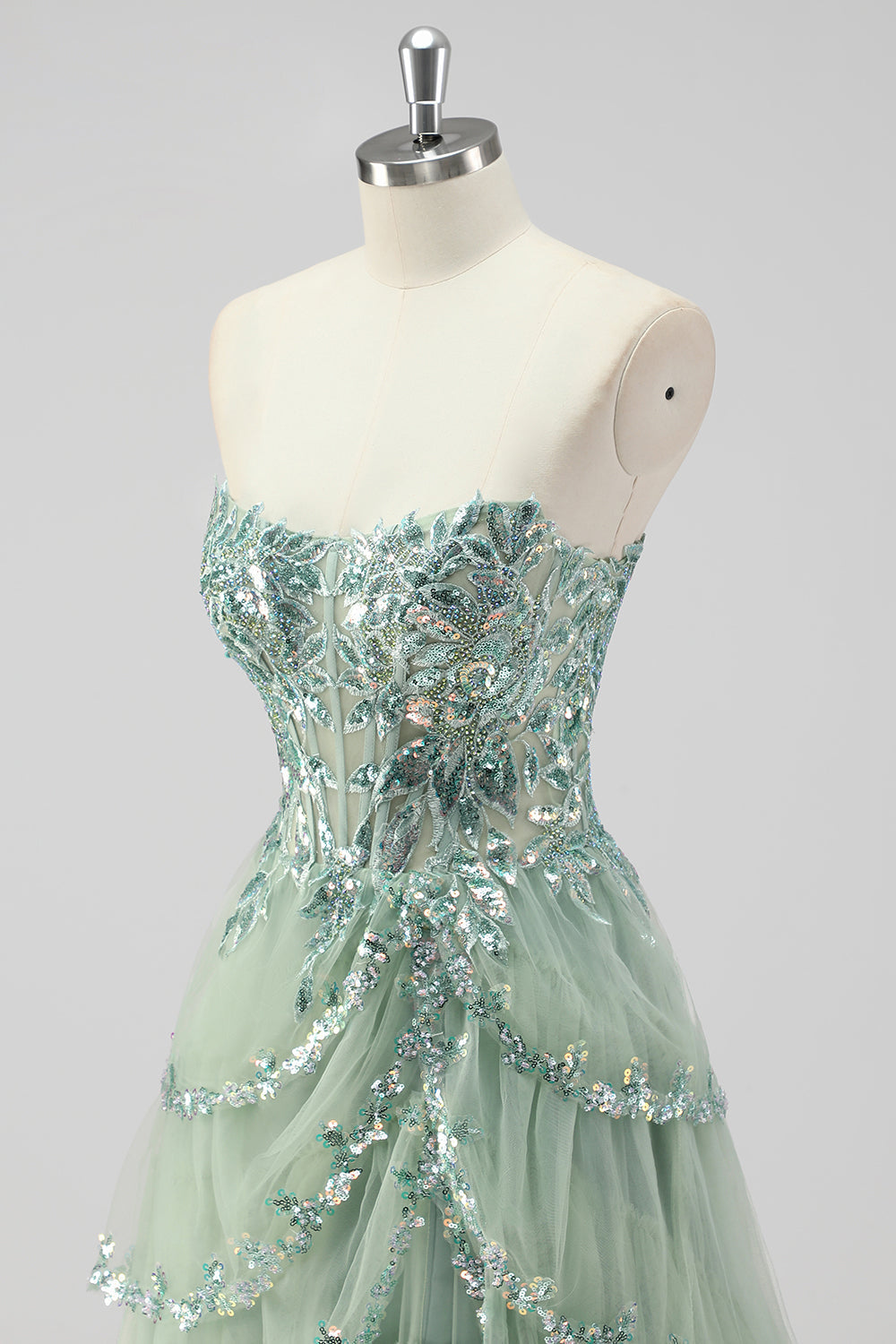 Sparkly Sage Green Sequins Corset Tiered Maxi Prom Dress with Slit