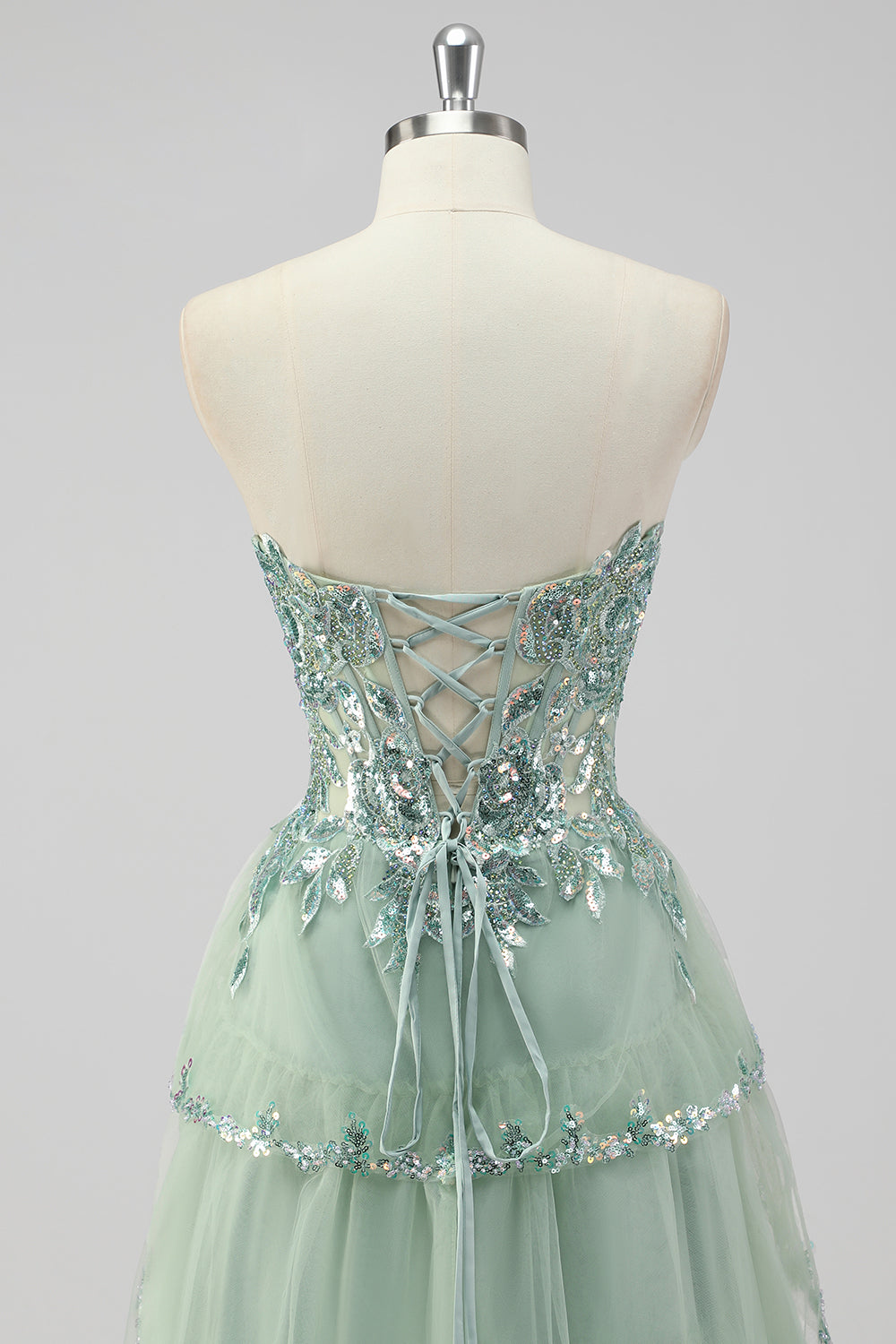 Sparkly Sage Green Sequins Corset Tiered Maxi Prom Dress with Slit