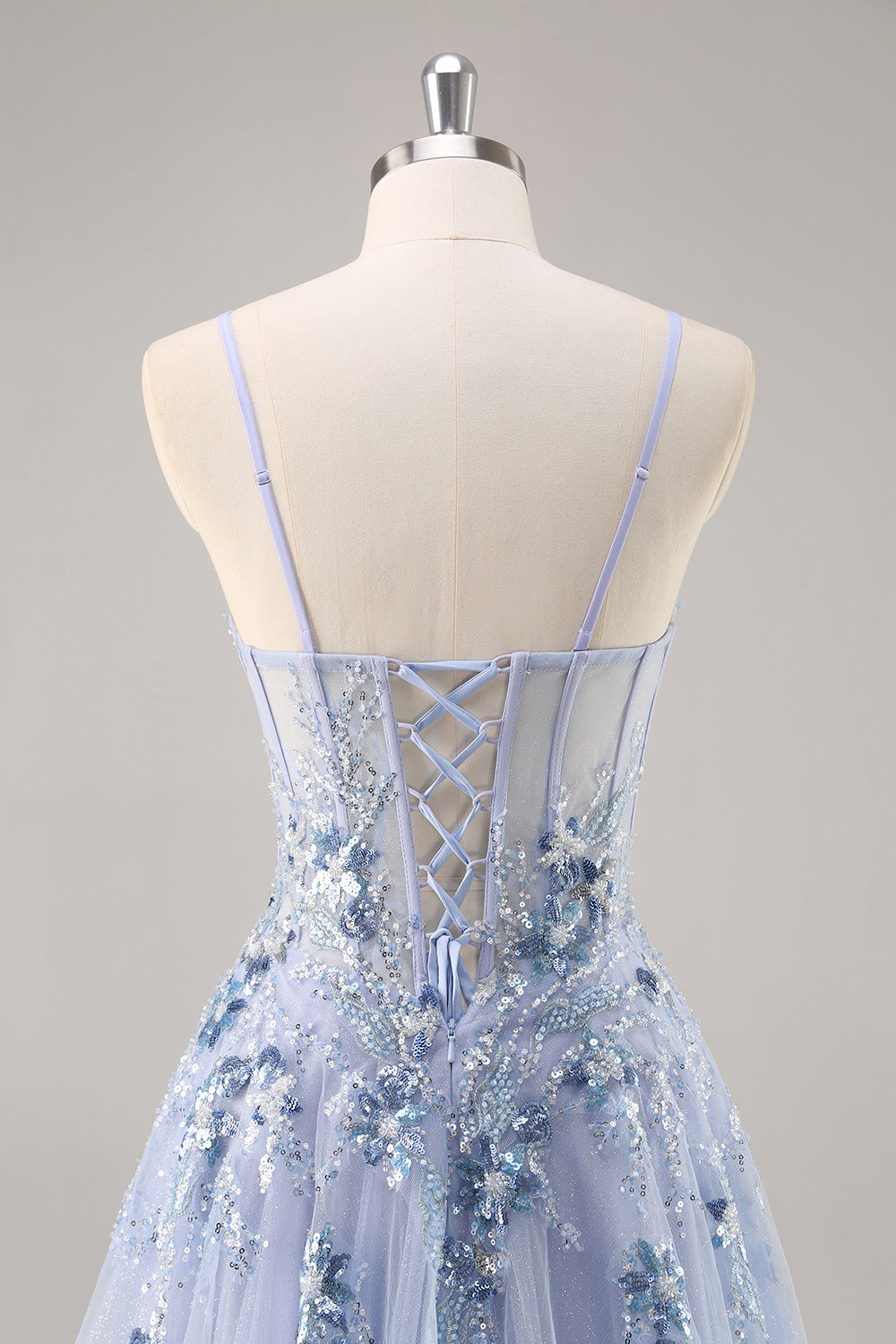 Sparkly Grey Blue Corset Sweetheart Appliqued Maxi Prom Dress with Slit